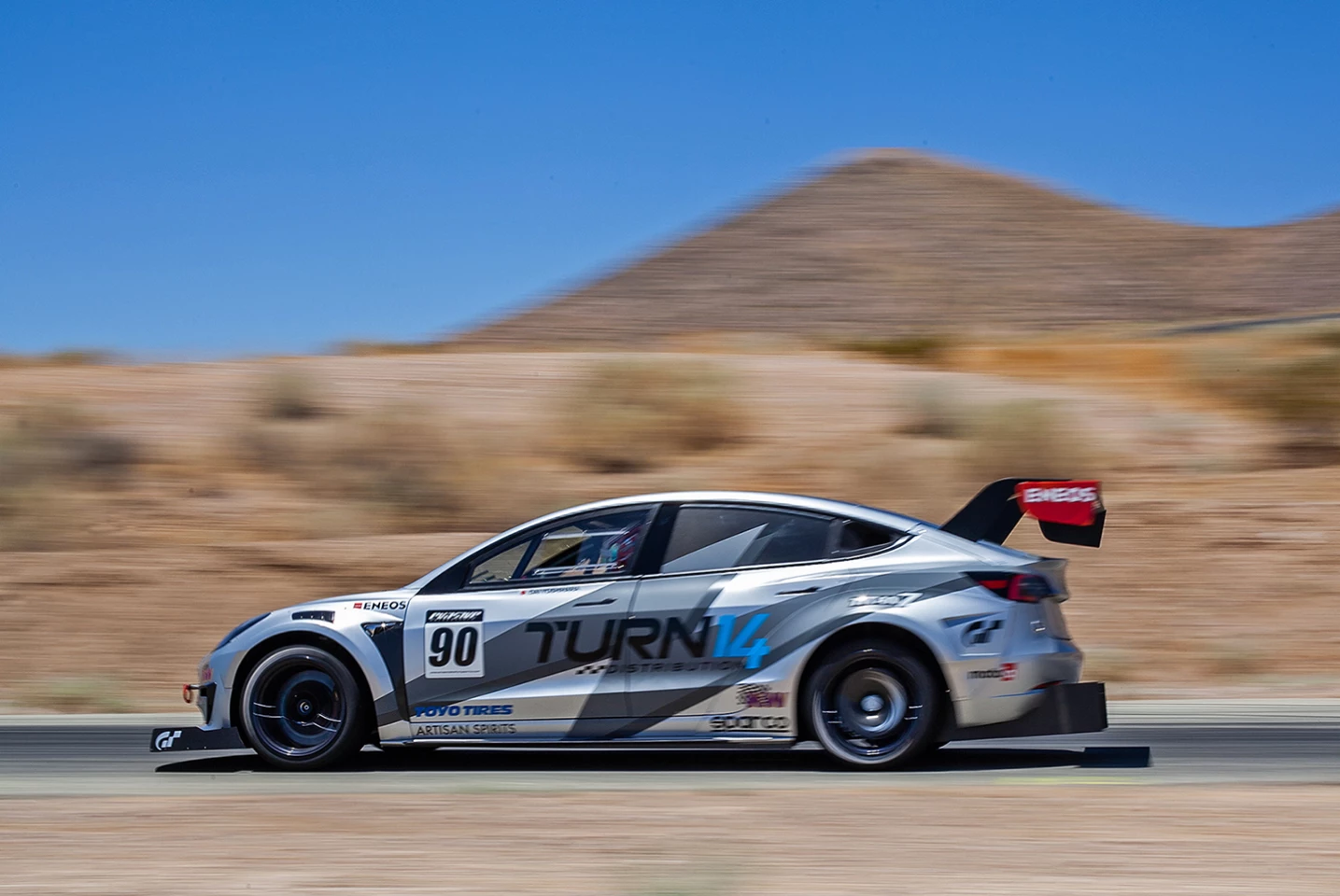 A modified Tesla Model 3 Performance undergoes testing ahead of the 2021 Pikes Peak International Hill Climb