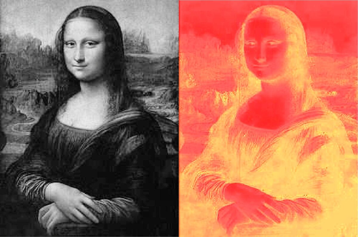 On the left appears a grey scale image of the real Mona Lisa, while on the right appears an image showing the variations in heat required to create Mini Lisa