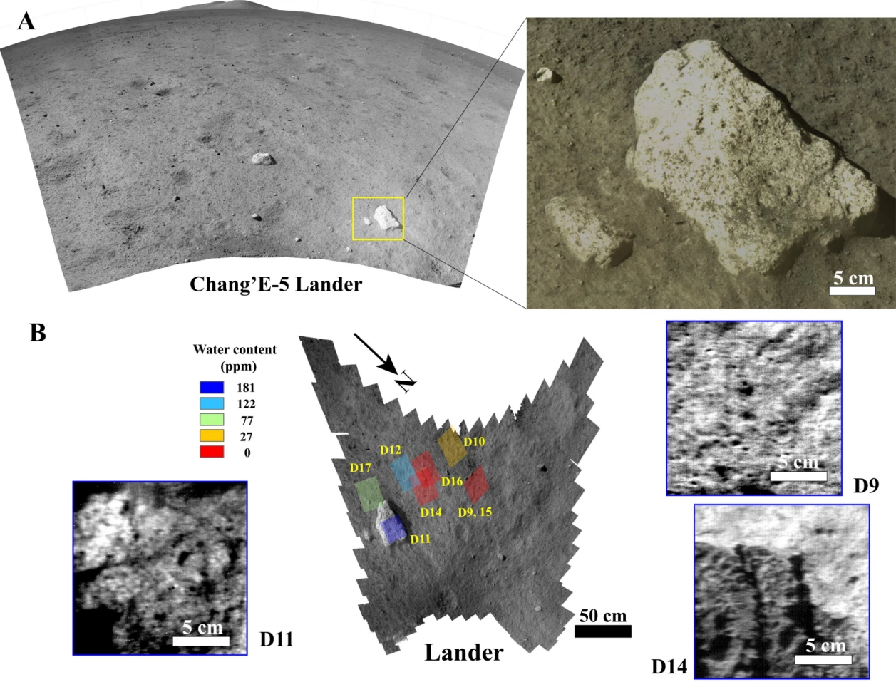 Context images and water content at the Chang'E-5 landing site