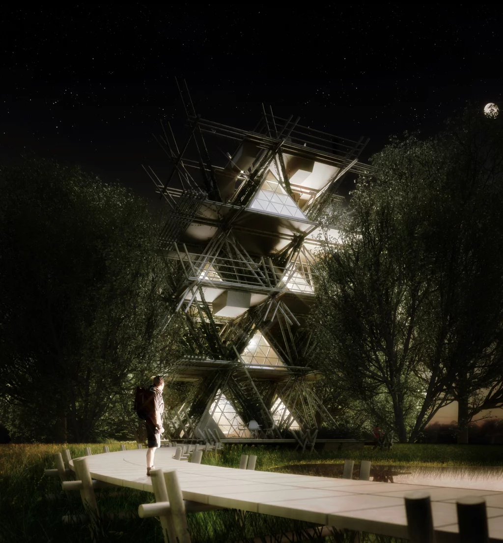 Several modules can be placed within the framework, including tent, toilet, and lobby (Image: Penda)