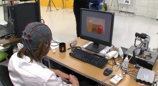Object recognition software automatically detects and highlights the bottled water and canned drink in the robot's camera images, and by focusing on one of them the patient can command the robot to retrieve it