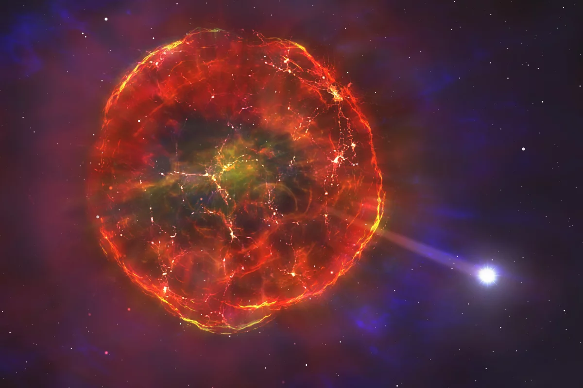 An artist's rendering of a supernova kicking a white dwarf star into high speed, rather than destroying it
