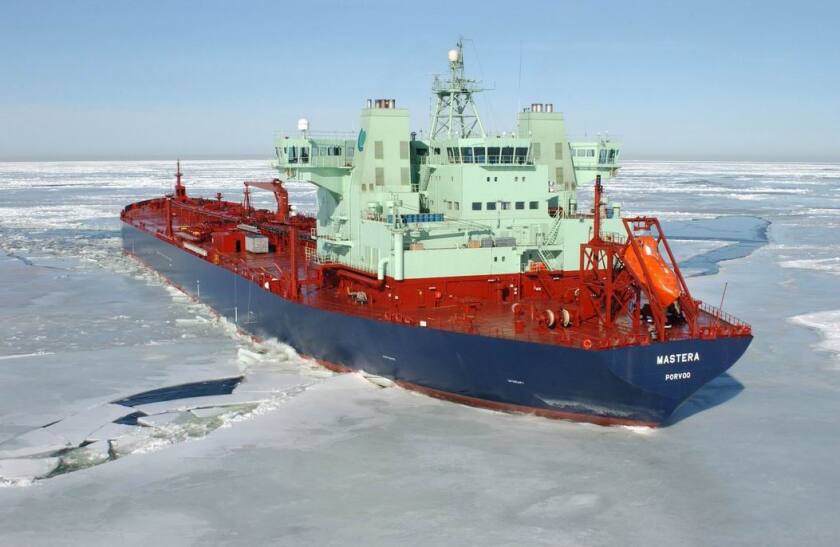 MT Tempera, one of the new class of double acting reversible ships, going backwards to act as an icebreaker