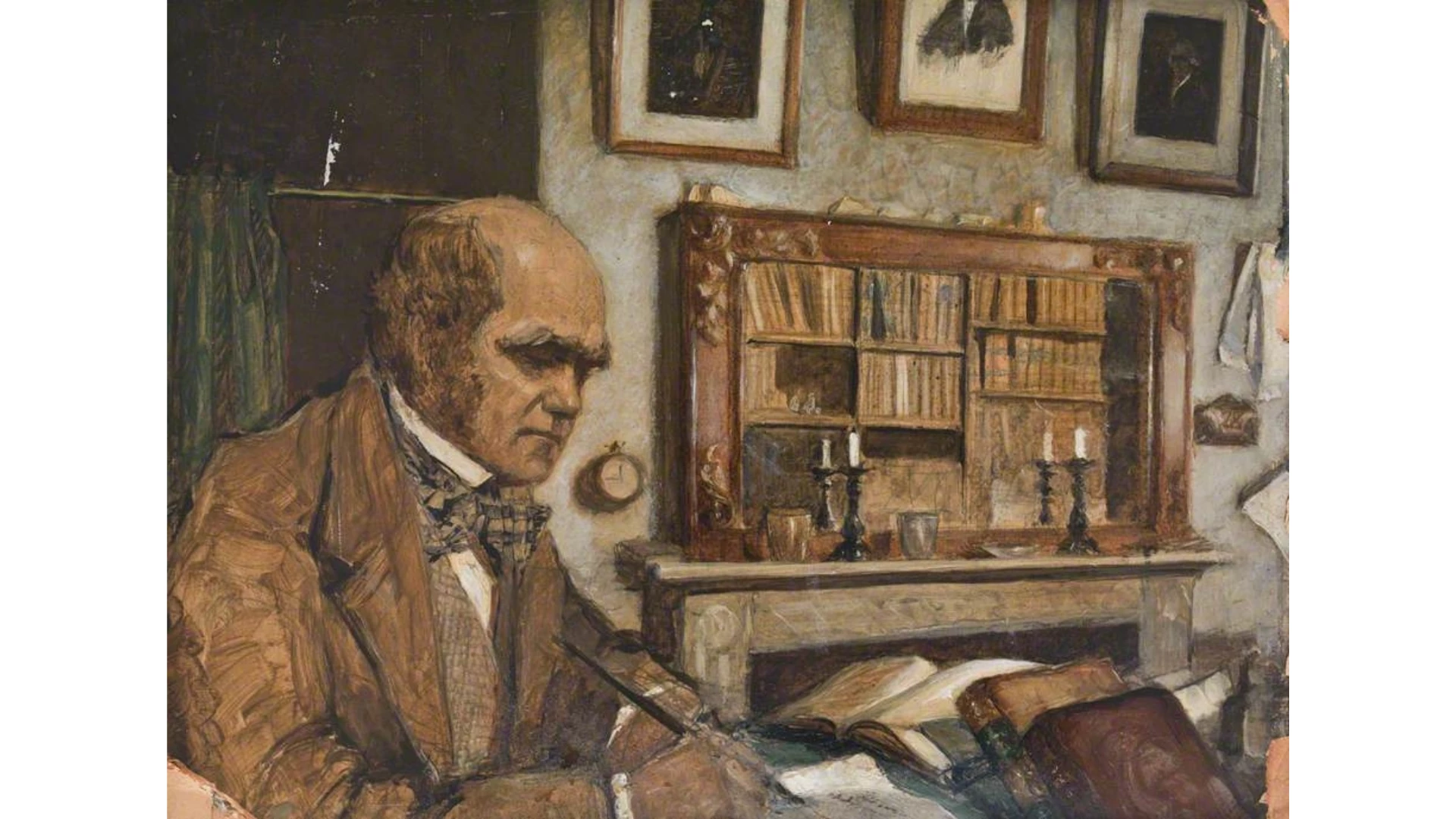 Oil painting of Charles Darwin in his study at Down House with one of his bookcases, that made up his extensive personal library, reflected in the mirror