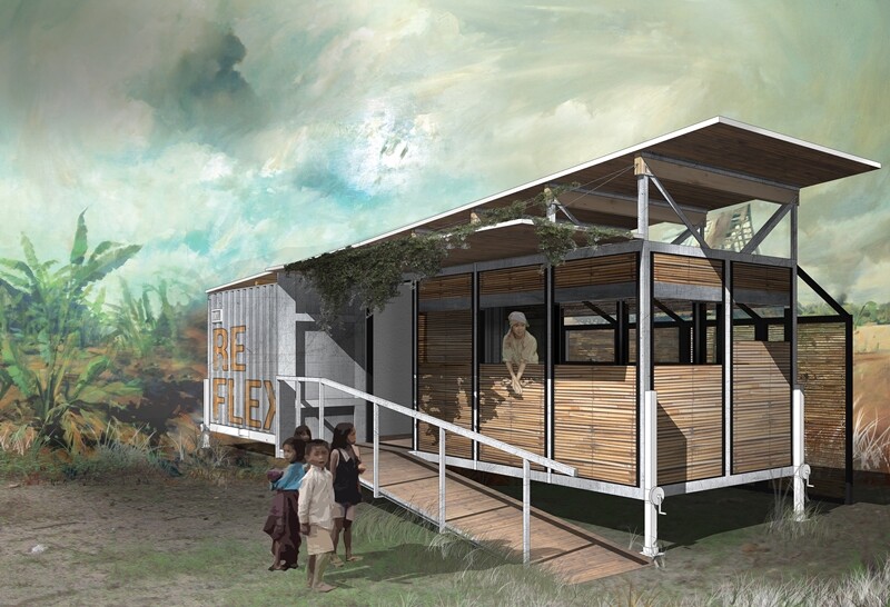 Render of the winning Student design, a shipping container that can be delivered to a location to provide an extended and customizable healthcare space