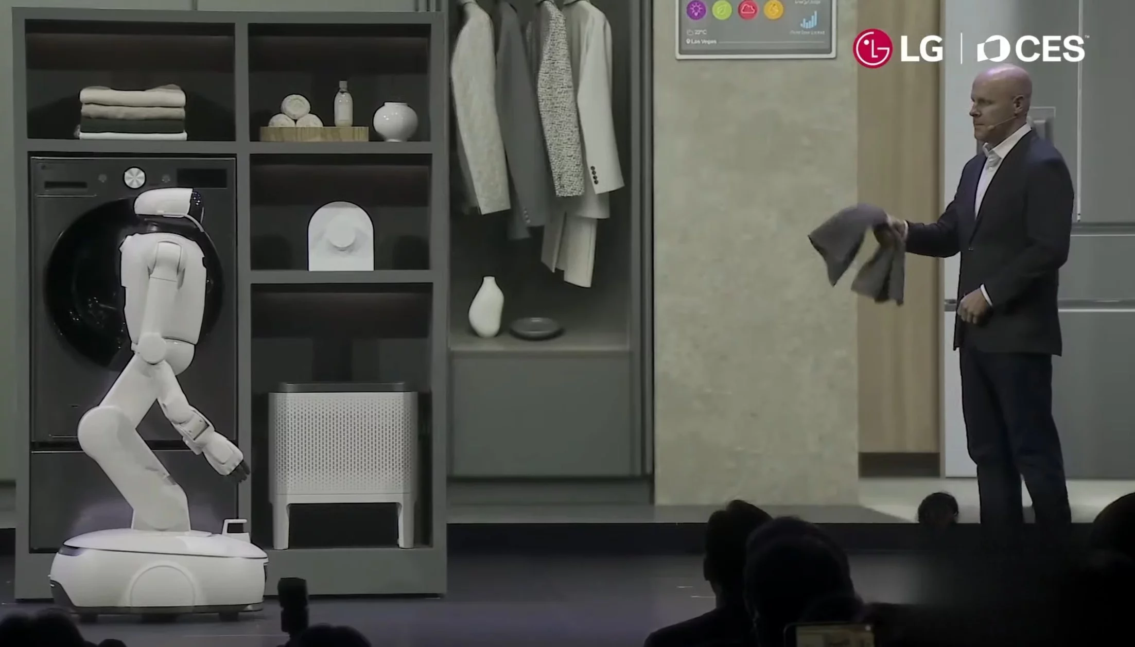 The LG CLOiD robot wheels to where it needs to be, sports articulating arms and dexterous hands, and can communicate with users via voice-based generative AI