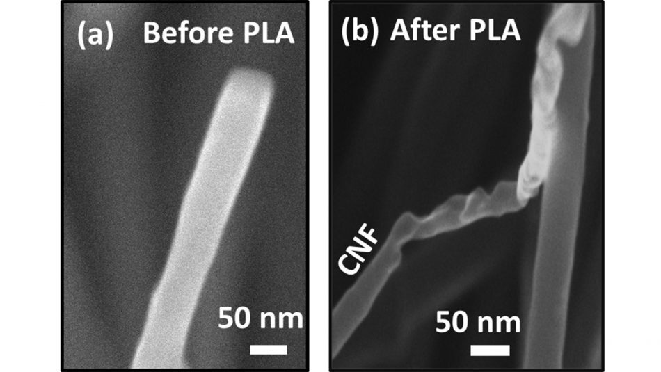 (Left) the carbon nanowire before the pulsed laser annealing (PLA) process turned it into diamond fiber (right)