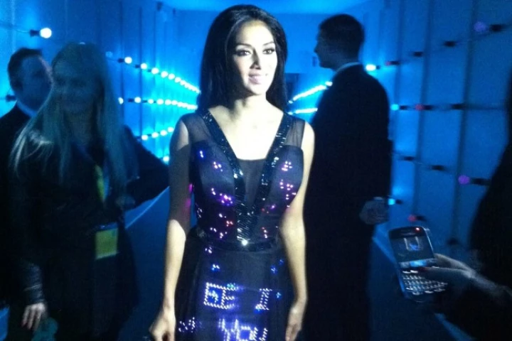 Nicole Scherzinger wearing CuteCircuit's Twitter dress at EE's 4G launch