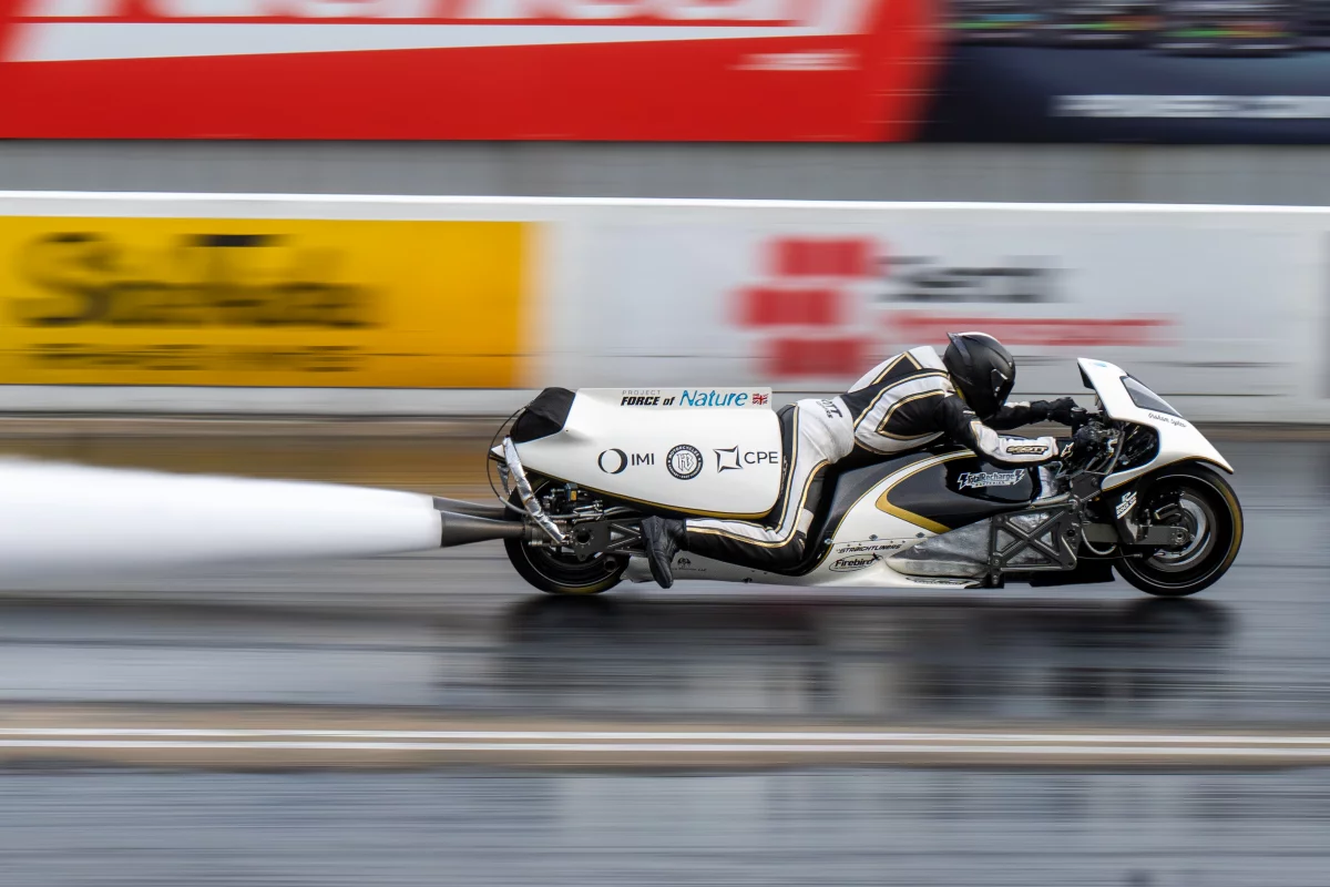 Force of Nature steam-powered motorcycle at the Festival of Power in British Santa Pod