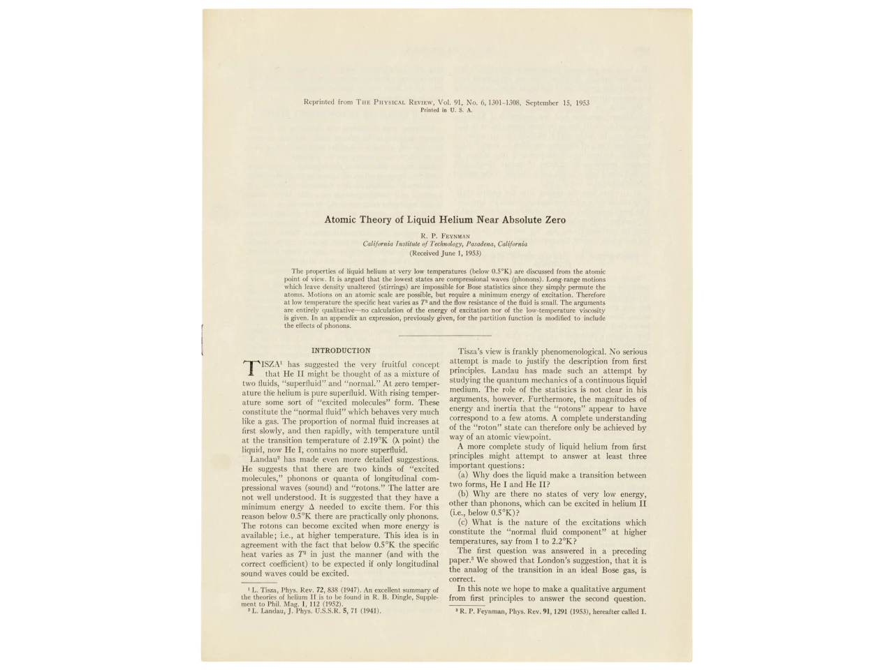 Richard Feynman's 1953 paper on Superfluidity - one of the defining moments in modern physics | Sold for: $3,155 (£2,500) by Christie's on July 16, 2020