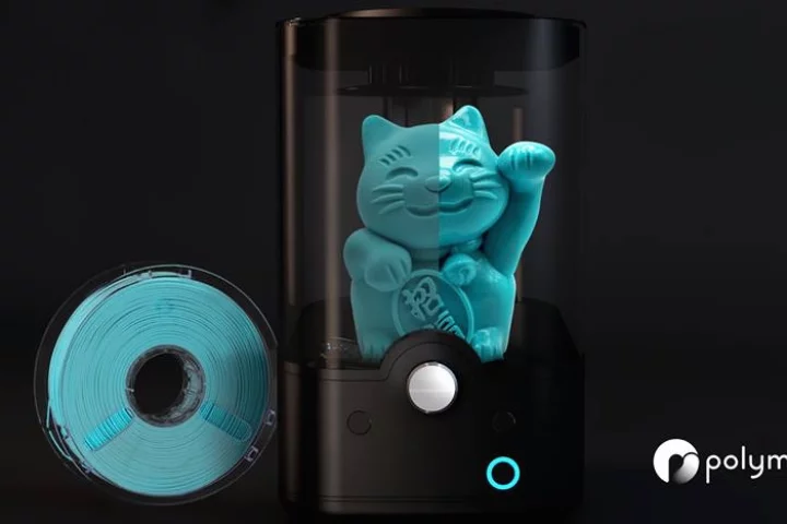 A spool of PolySmooth, and an item printed with it going through the Polysher