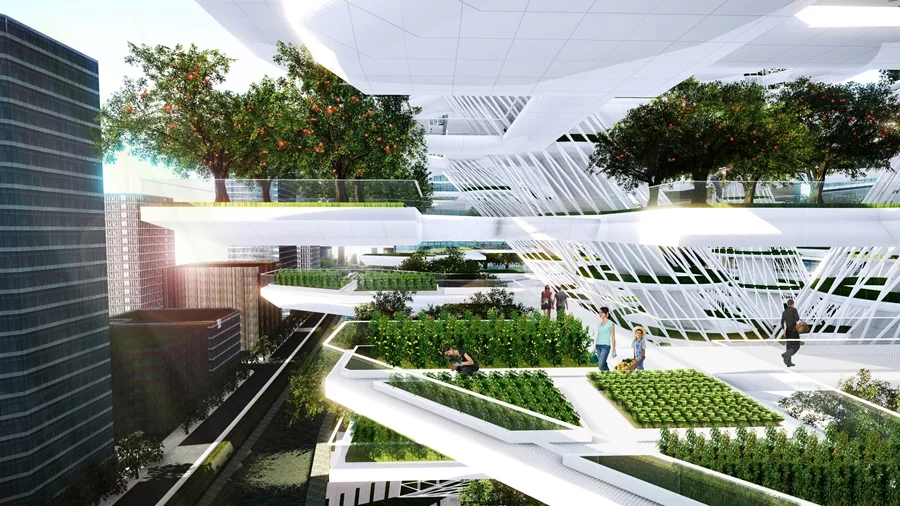 In total, the Skyfarm would provide 144,450 sq m (1,555,000 sq ft) of floor space, with 44,000 sq m (475,000 sq ft) dedicated to outdoor growing and 9,000 sq m 97,000 sq ft) dedicated to indoor growing
