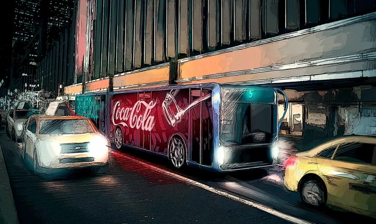 A Willie bus with a split advertising/route information display system