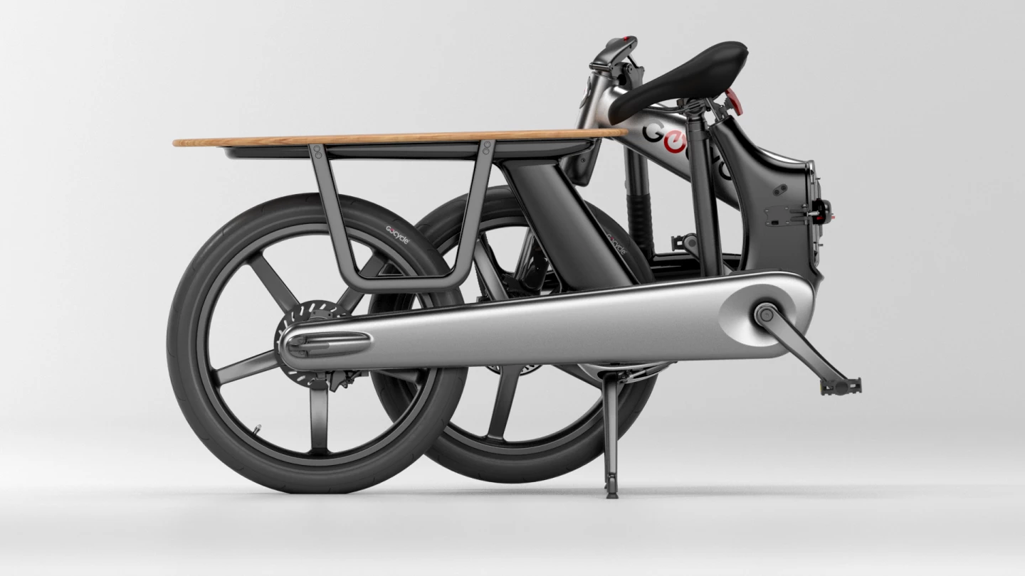 The CXi and CX+ cargo ebikes each collapse down to 46.5 x 15.75 x 30.75 inches