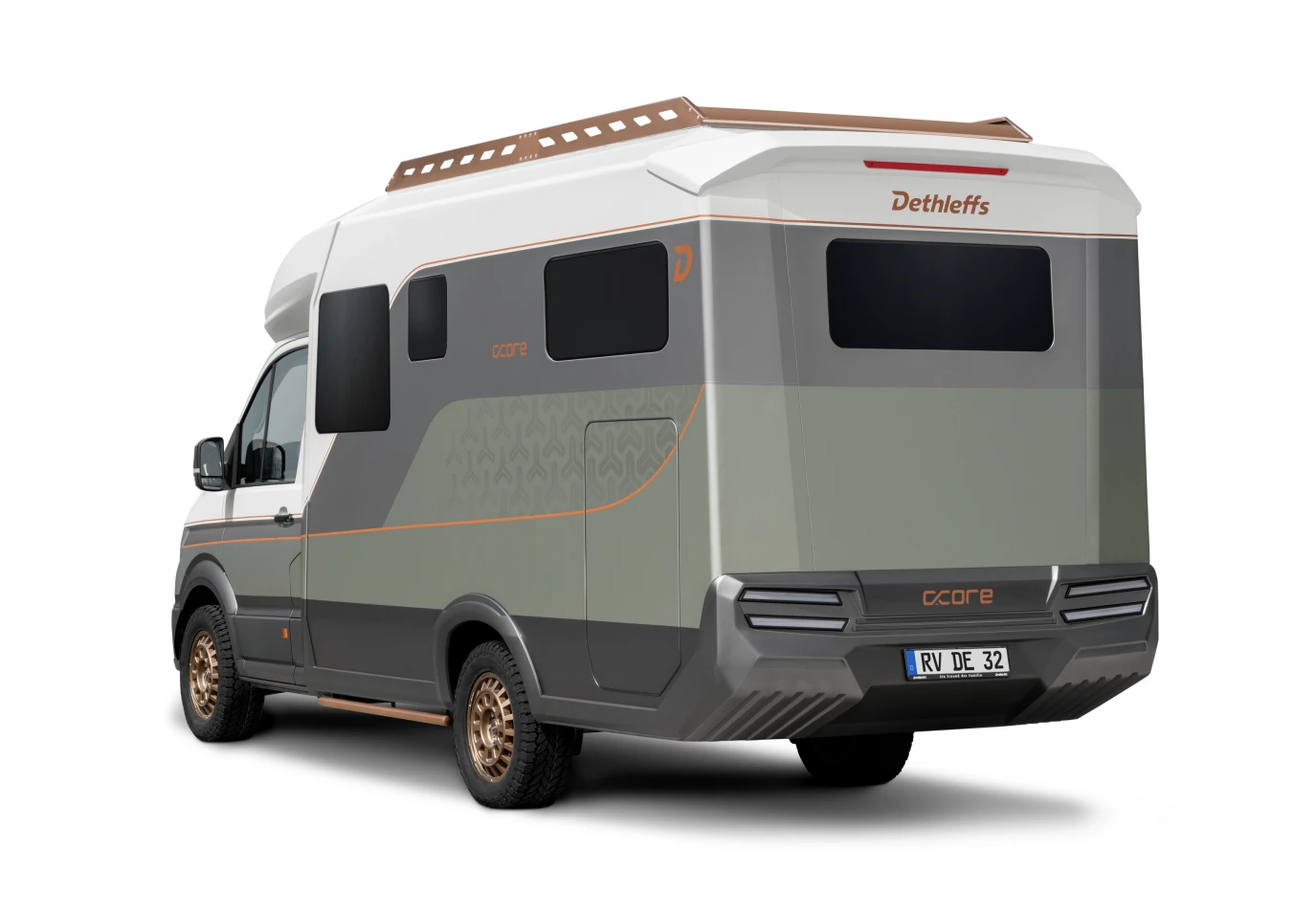 Dethleffs uses a lightweight biomimetic motorhome box construction material called Necto that's more malleable than traditional materials, allowing for more sculpting