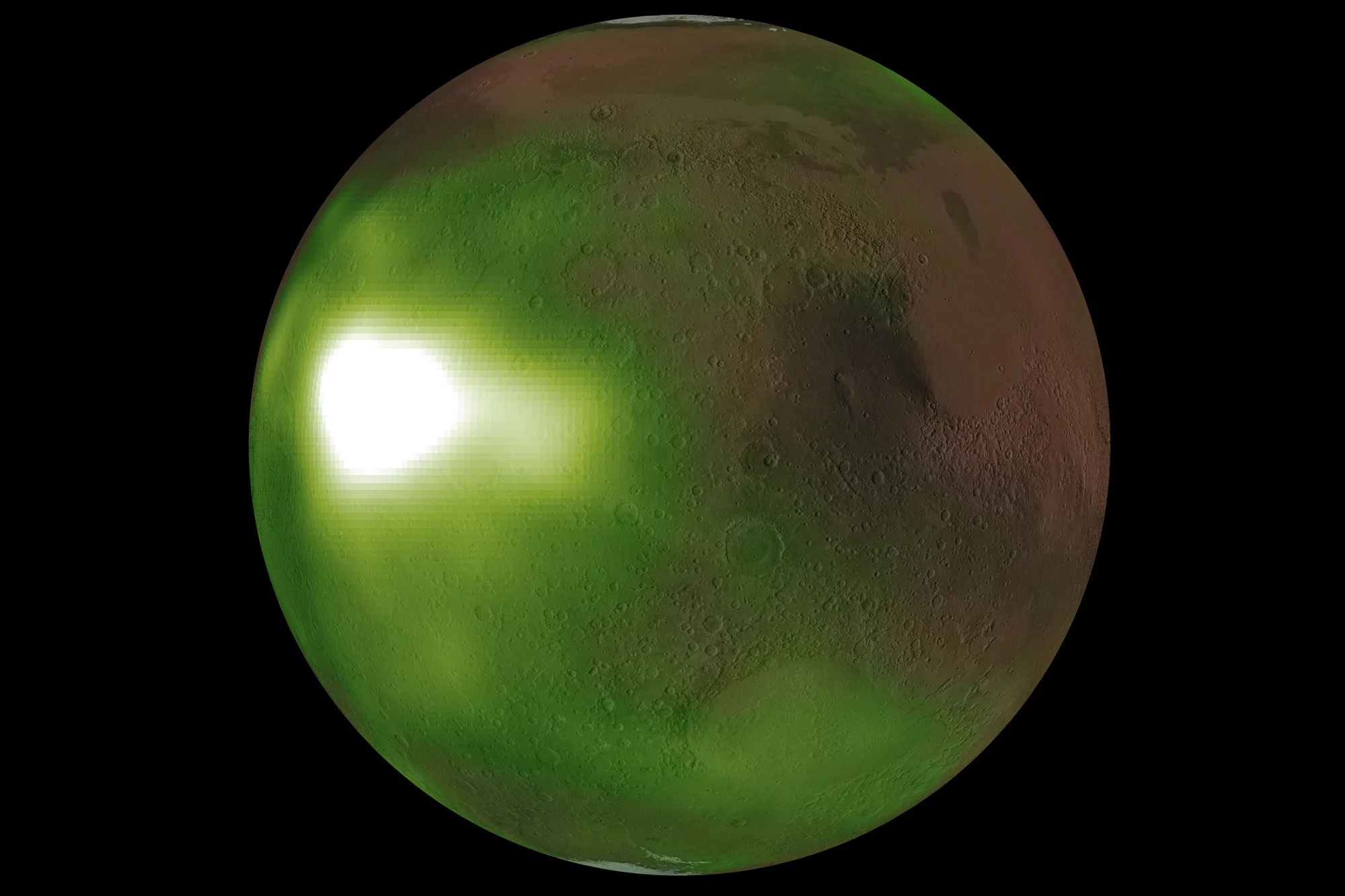 A composite image of the nightglow over Mars – the green and white is a false-color representation of the ultraviolet light emitted
