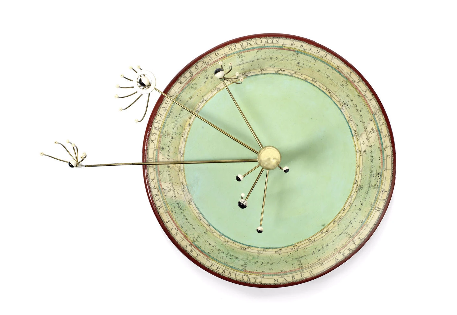 This combined tellurium and planetarium from early 19th century England features models of the Sun, Moon and Earth and sits on paper printed with calendar, zodiac and compass points. It is expected to sell for at least US$22,000