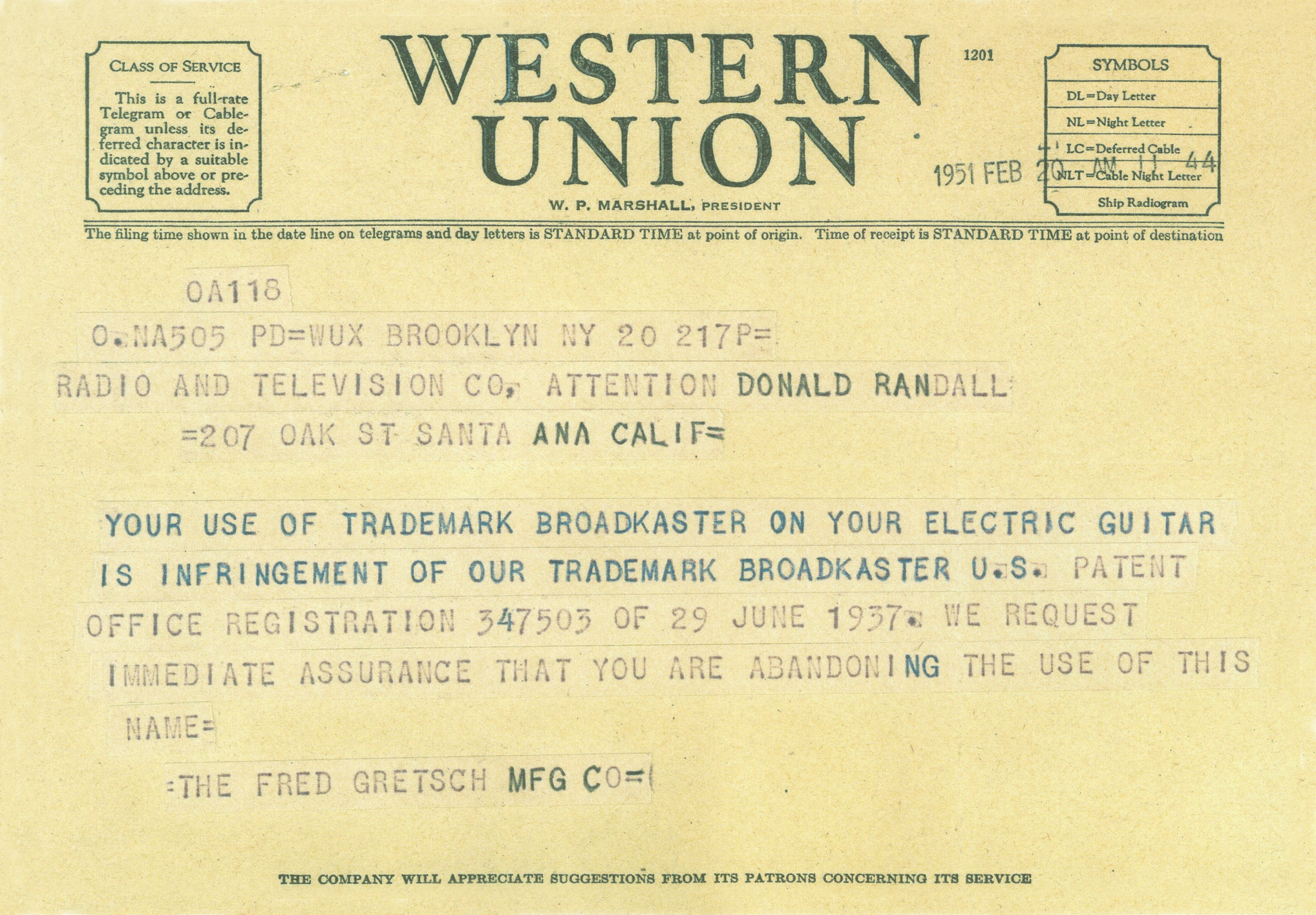 The Broadcaster name was dropped after Gretsch claimed trademark infringement