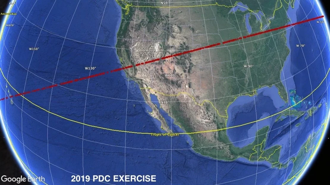 Estimated risk corridor for the impact of a hypothetical asteroid