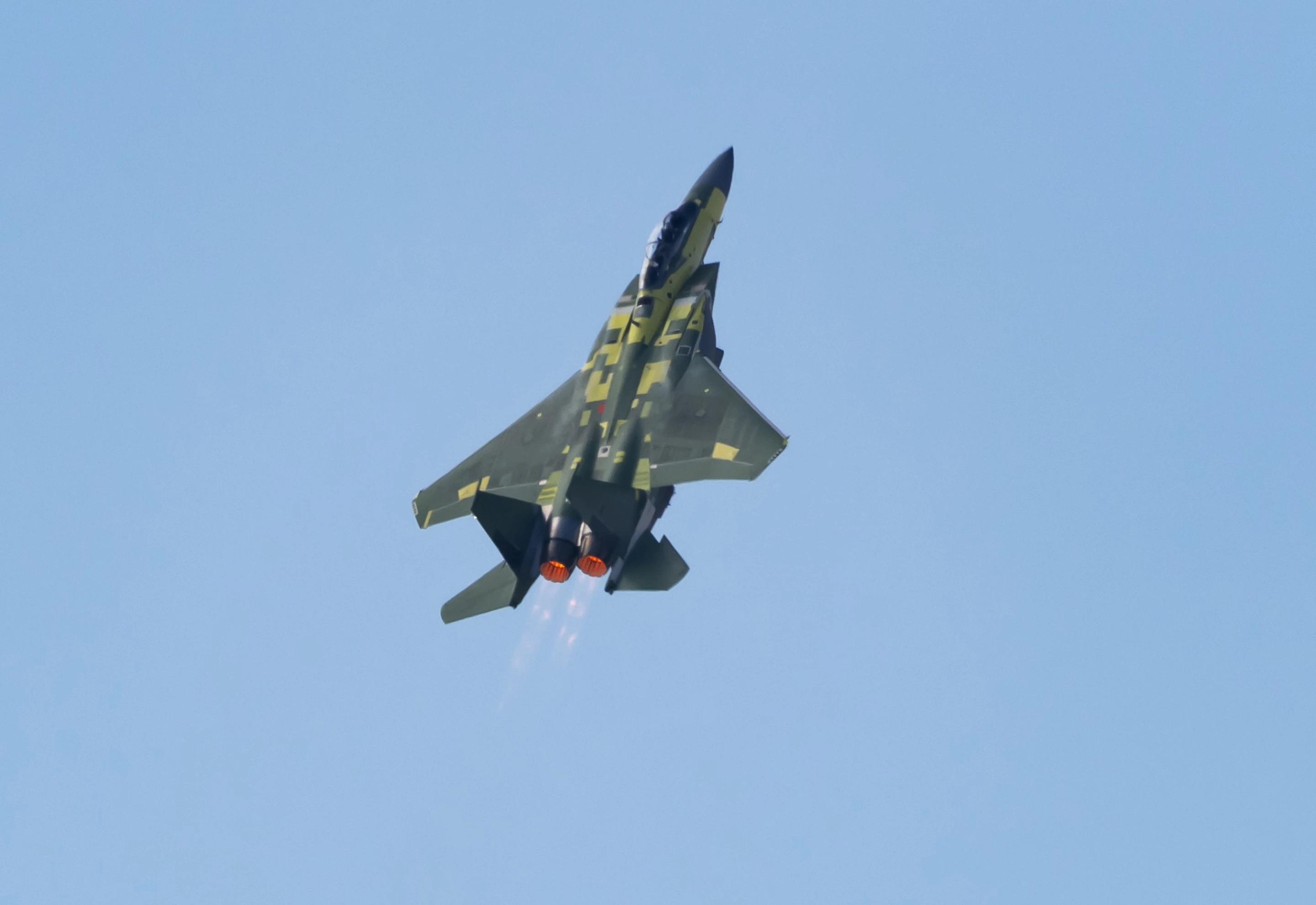The F-15EX fighter jet performs a vertical "Viking" takeoff on its maiden flight