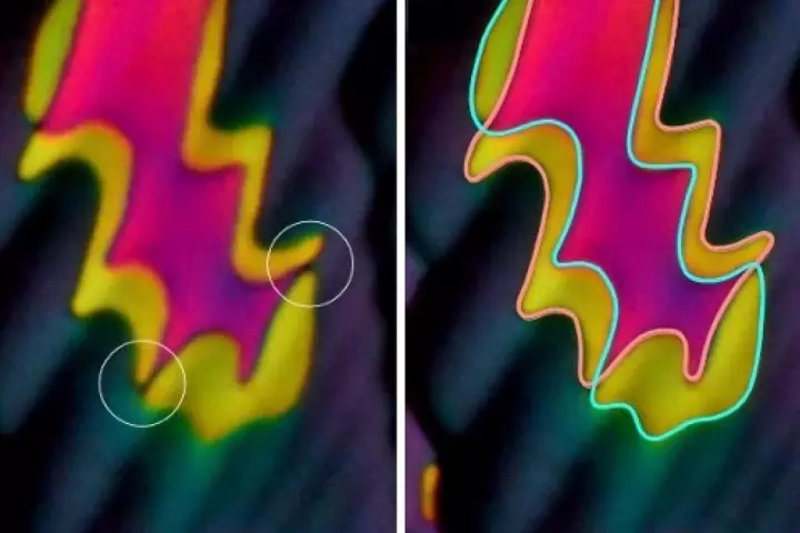 Striking colors seen in a newly discovered phase of liquid crystal under the microscope