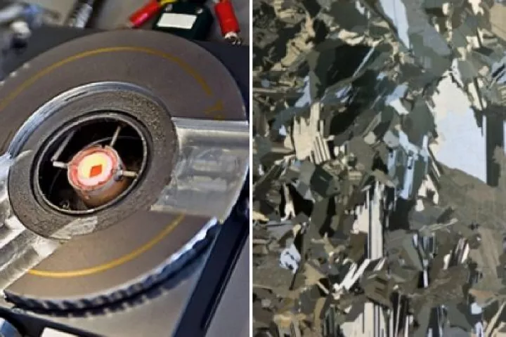 A chip is heated and cooled (left), made from silicon (right) supersaturated with copper, iron and nickel