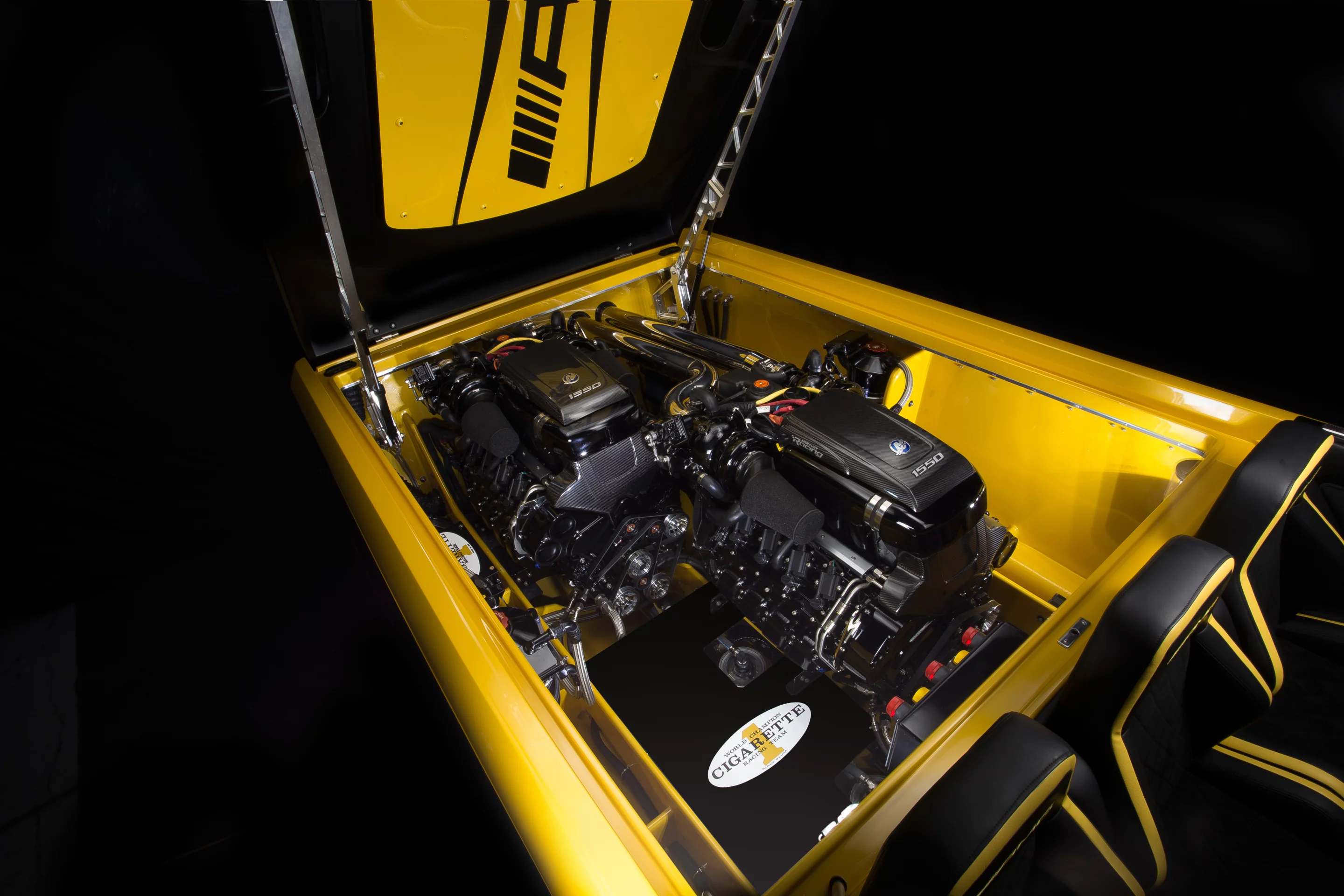 The concept boat is powered by two 1,550-hp V8 engines