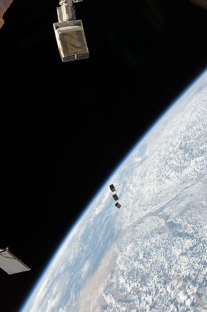May 2016 image of CubeSats just after deployment from the NanoRacks CubeSat Deployer on the International Space Station.