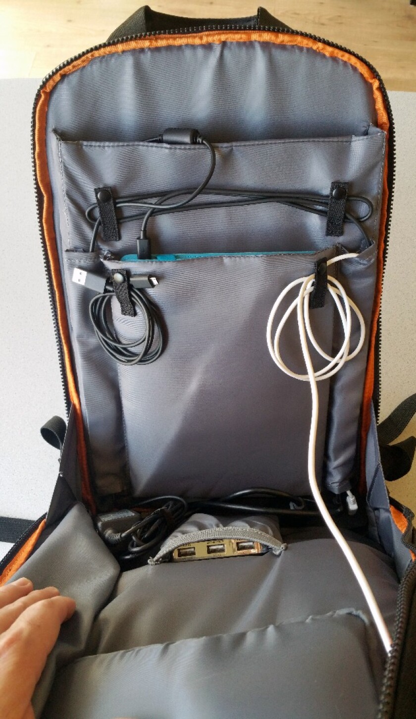 The MOS Pack's cable sleeves and sets of snapping flaps help keep cables tidy