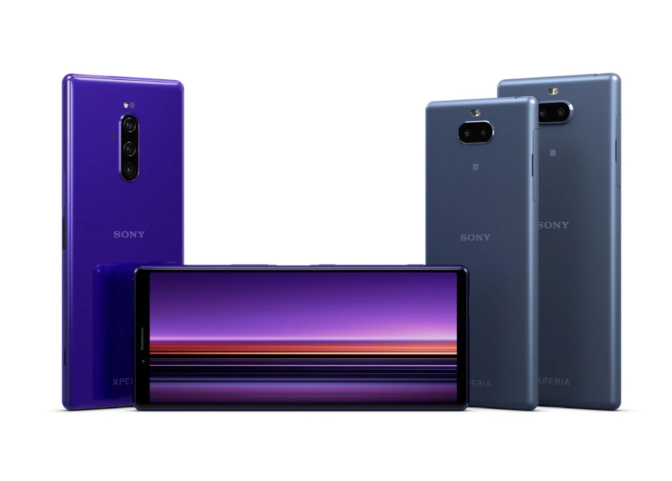 The Sony Xperia 1 (left, center), and the Xperia 10 and Xperia 10 Plus (right), were all launched at MWC 2019