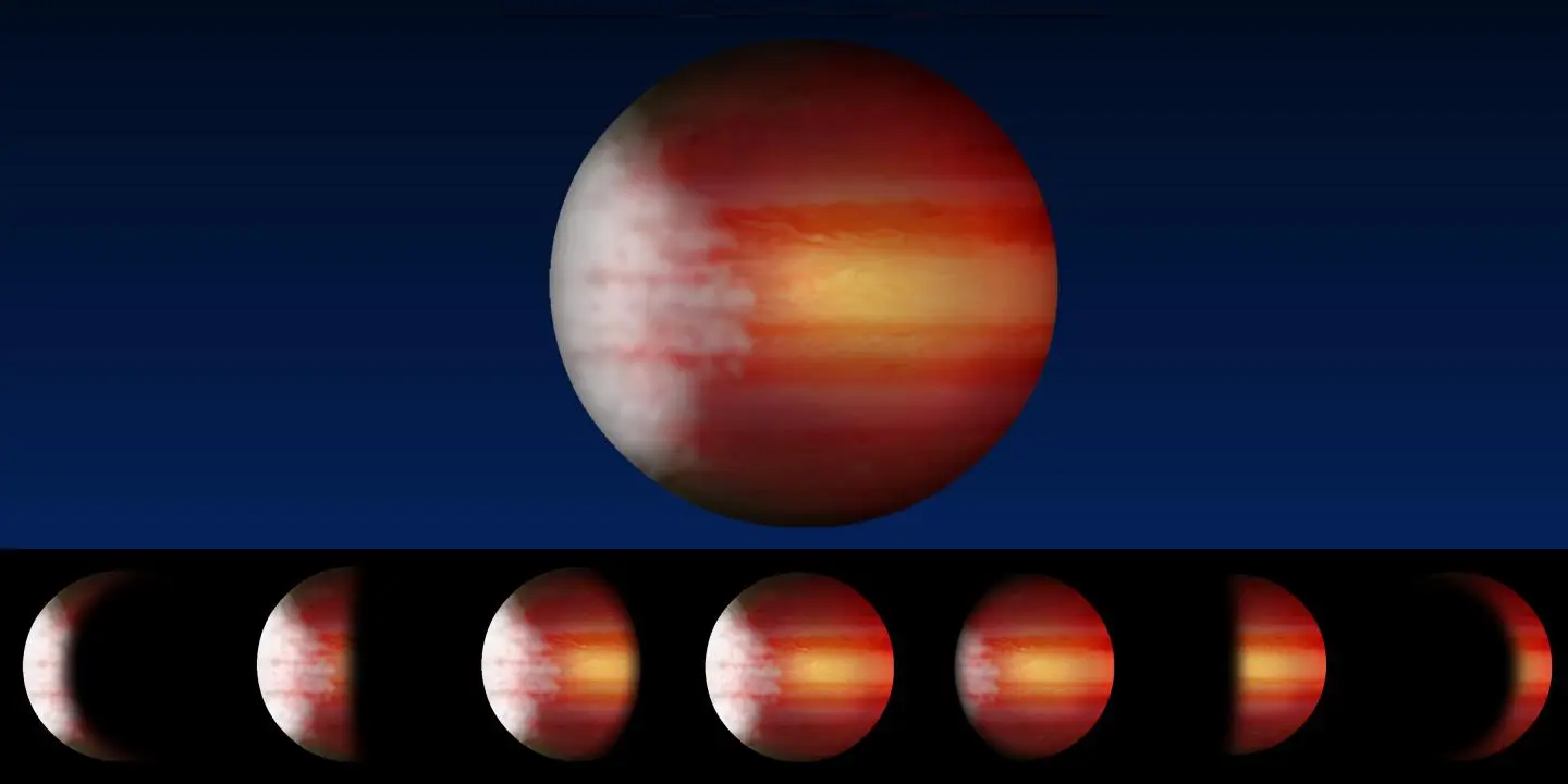 An artist's rendering of an exoplanet that exhibits a typical weather pattern of cloudy mornings and clear, scorching afternoons