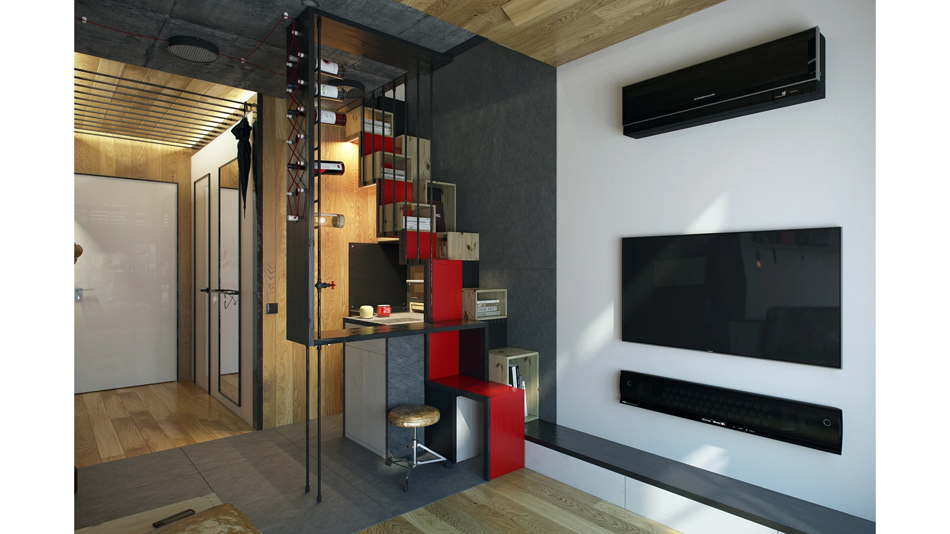 The living room provides access to the upstairs bedroom, via a staircase made from storage boxes