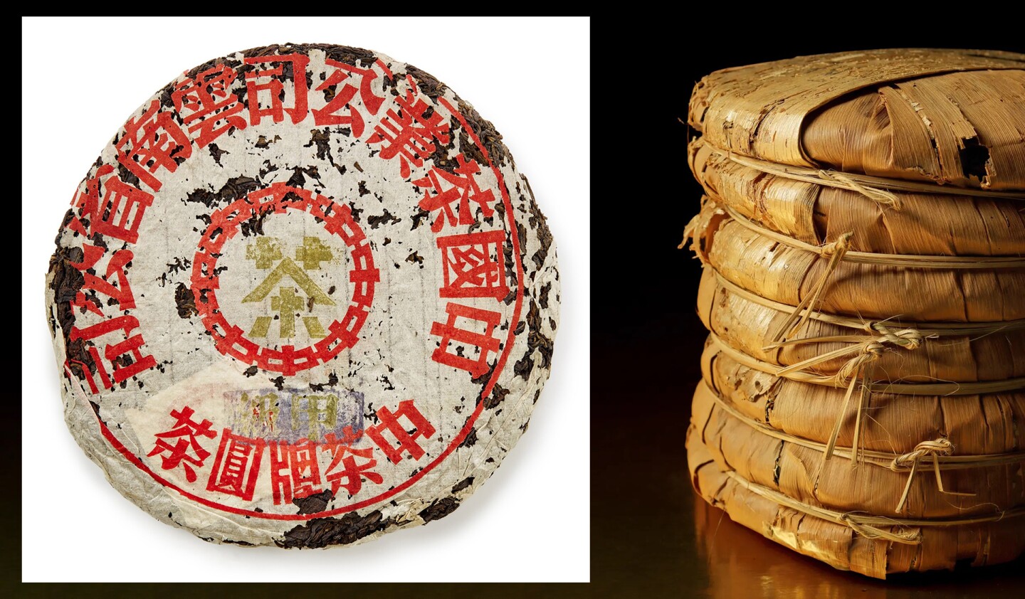 The main (right) image shows the package that contained the seven pieces of antique "Chen Yun Hao" Pu’er Tea Cakes (1910s) that sold for HK$8,400,000 ($1,077,804) at Poly Auction Hong Kong on 1 December 2021. At left is the one piece of "Jia Ji" Blue Label Tea Cake (1950s) sold by Sotheby's on 16 December for HK$562,000 ($77,170).