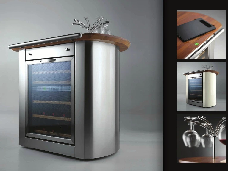 The Metalco wine bar features a wine storage cabin with dual temperature conditions