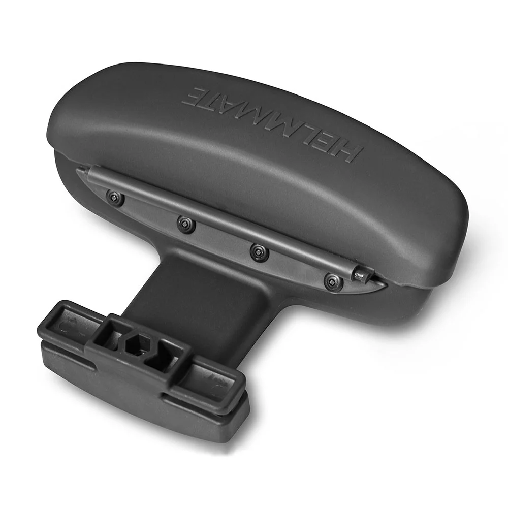 When not in use, the HelmMate simply looks like a large-ish seat-mounted glasses case, which fastens onto the saddle rails with an Allen bolt