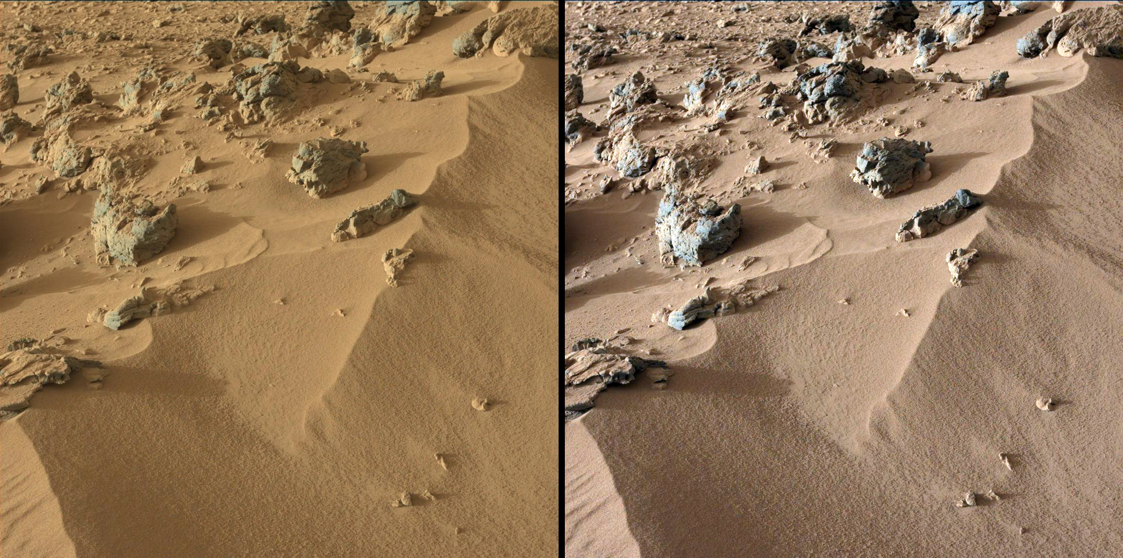 A pair of images showing a wind-blown deposit at "Rocknest" with one in natural Martian light and the other corrected to appear in Earth light (Image: NASA/JPL-Caltech/MSSS)