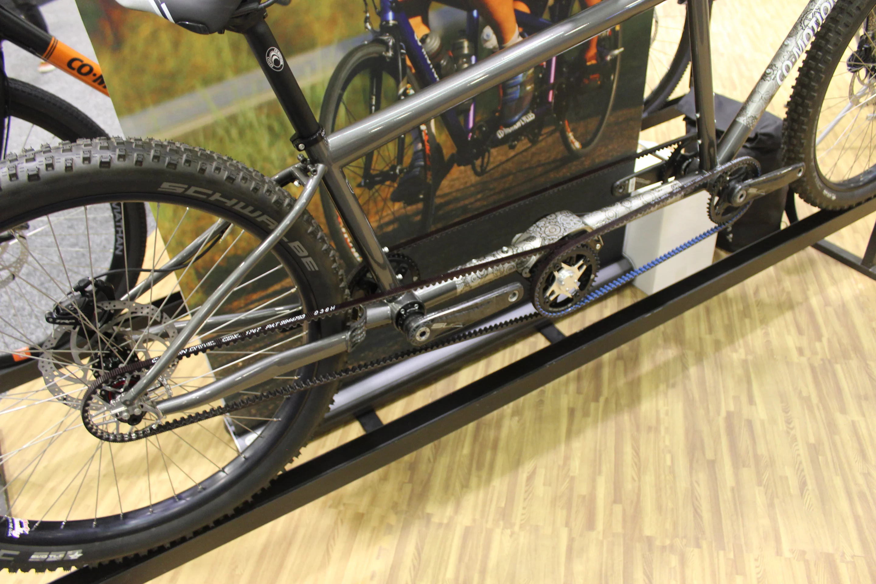 Co-Motion Cycles was showcasing this tandem that's equipped with a Pinion gearbox, and three Gates Carbon belt drives