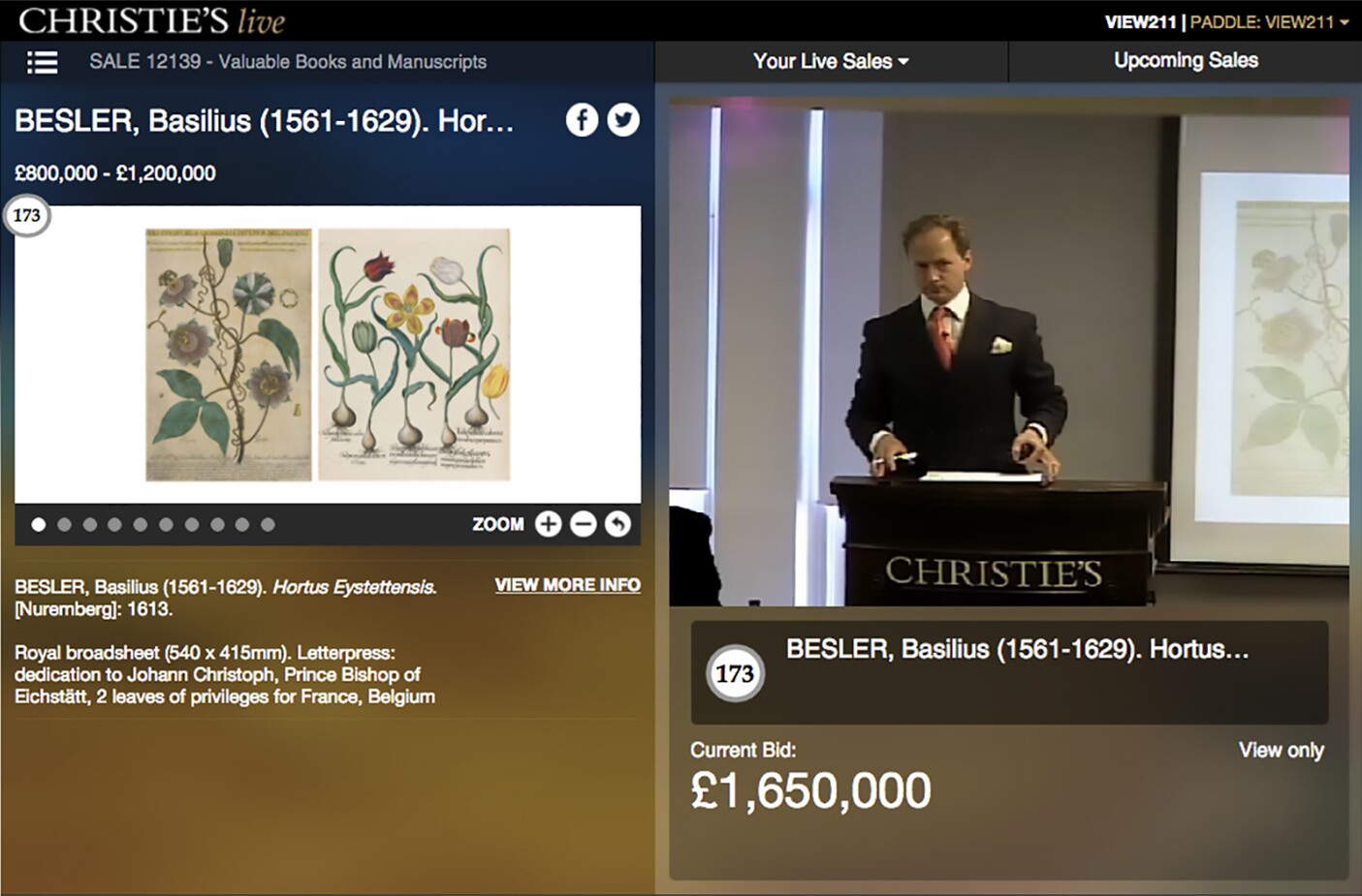 The 400 year-old 'Hortus eystettensis' by Basilius Besler is one of just 15 complete copies of the "most famous flower book in the world." It was already the second most valuable flower book in history with a copy having sold for £993,750 ($1,413,619) at a Christies London auction in November, 2001 so it was no surprise to see it fetch considerably more than the estimate of £800,000 to £1,200,000 (US$1.2 to $1.6 million). When the hammer had fallen, the final all up price took the book to £1,930,500 ($2,550,247) and a place just outside the top 10 scientific books of all time.