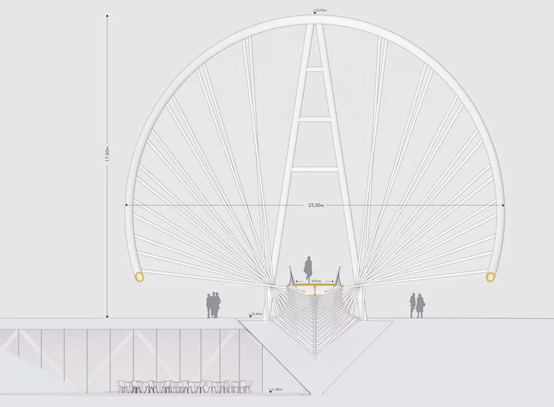 Two thirds of the bridge is suspended in order to span the entire width of the River Irwell, while the final third is supported by column (Image: penda)