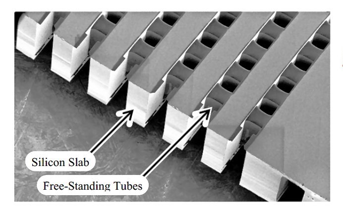 The Nectar fuel cell is fabricated on a silicon slab, but the passages and tubes of the fuel cell itself are made of extremely thin-walled silicon nitride