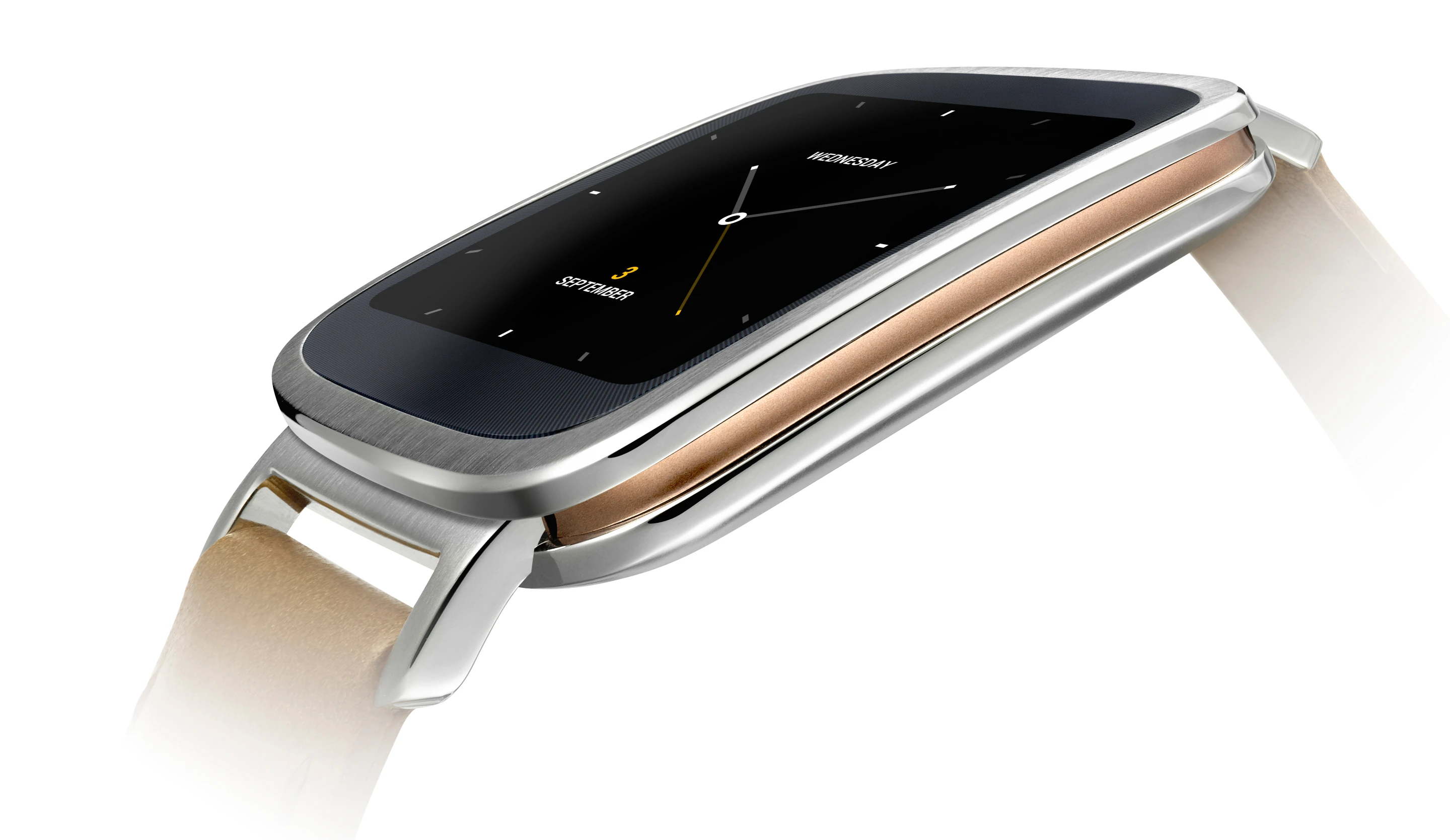 The ZenWatch features a stylish stainless steel case with a rose-gold colored band between the steel layers