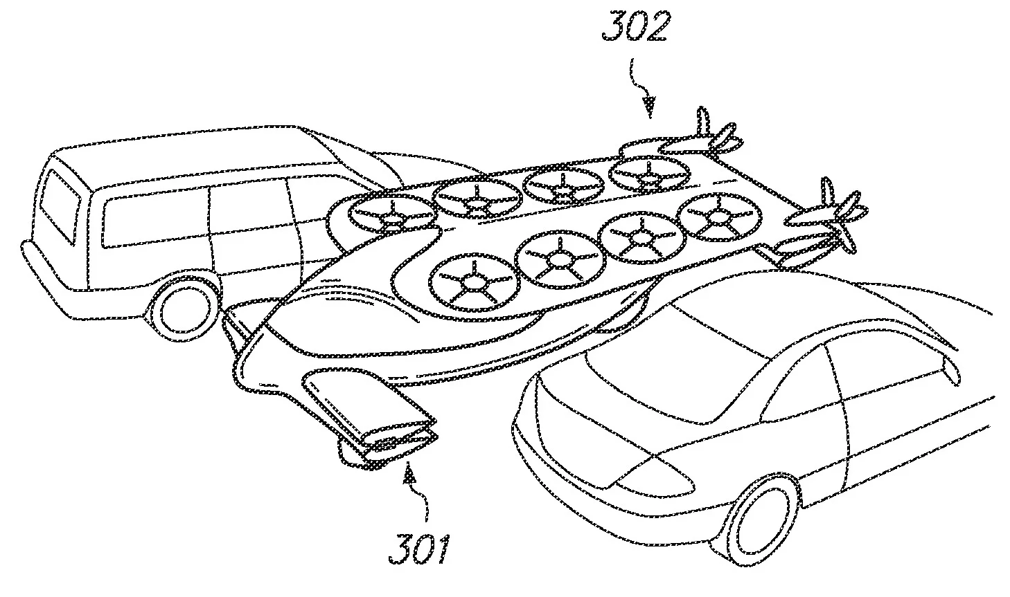 Interesting picture from the Zee.Aero patent filing that shows the new aircraft design parked between two cars