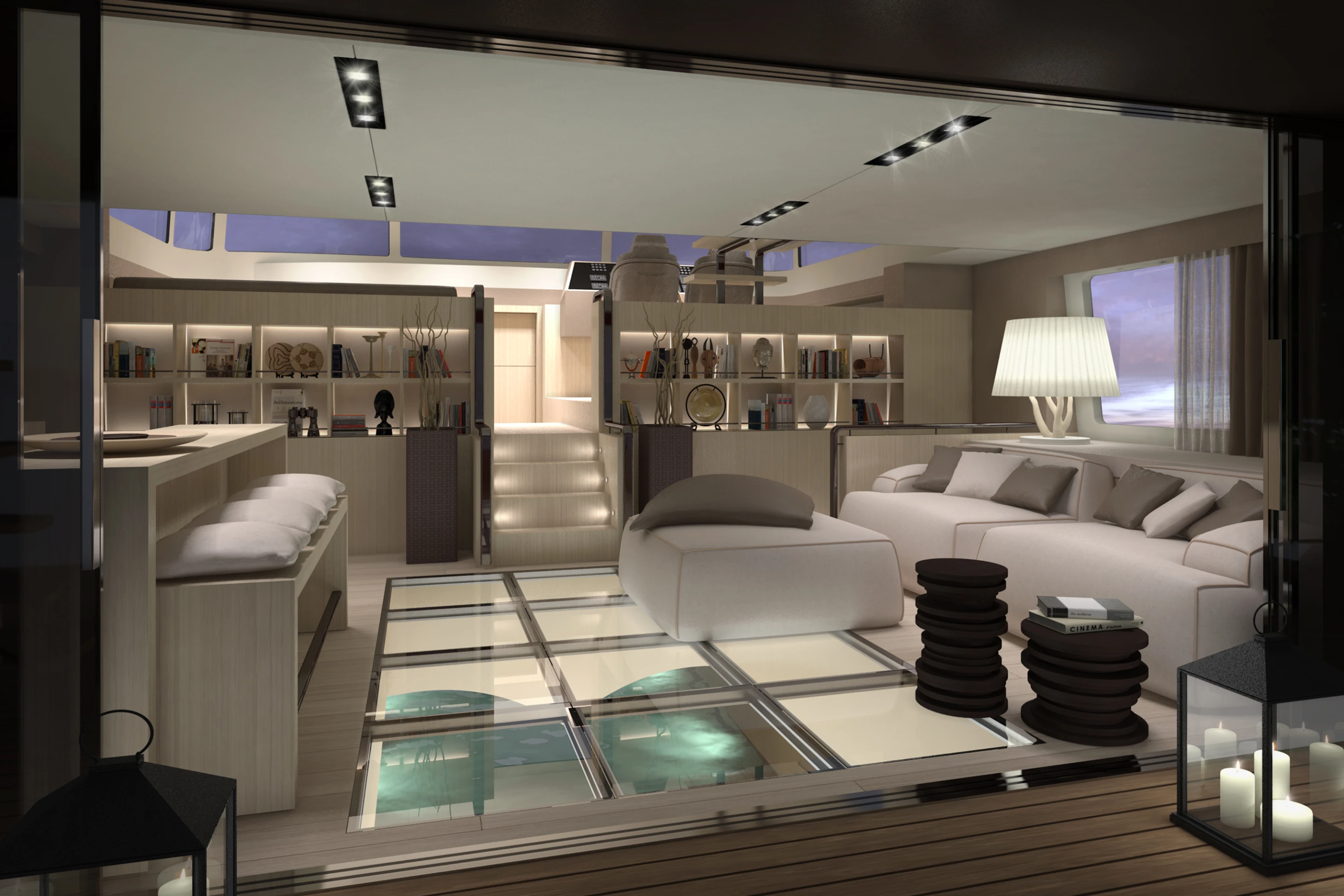 The main living area features a stunning glass-bottom floor, hovering over the sea.