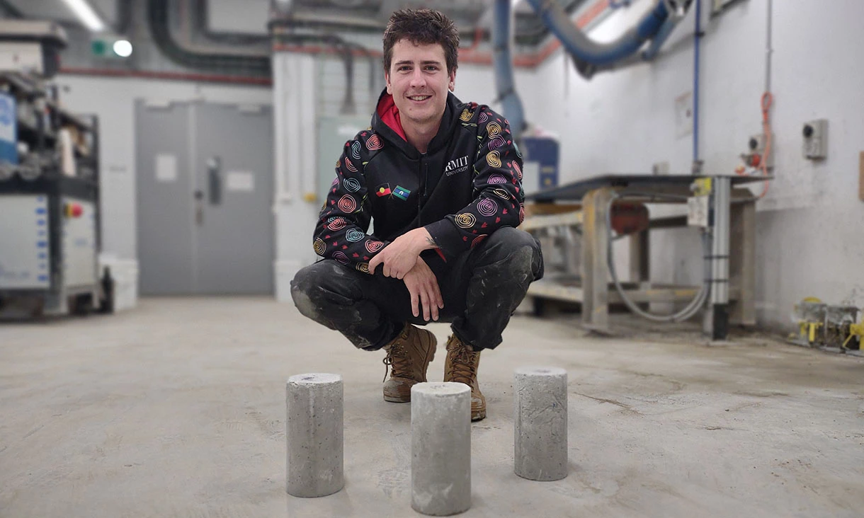 RMIT researcher Shannon Kilmartin-Lynch with his team’s concrete made with shredded forms of PPE