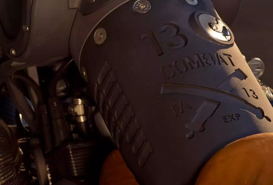 Engraving on the central frame beam depicts the uniqueness of the Confederate Motors FA-13 Combat Bomber
