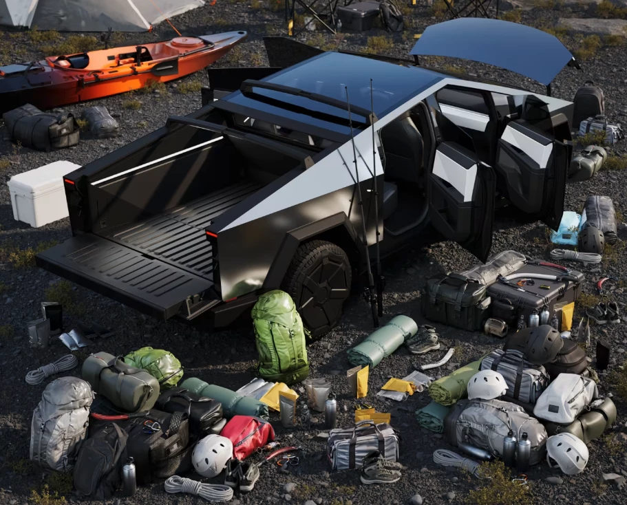 With a 6-foot covered bed, front trunk and hidden storage compartment and available roof rack, the Tesla Cybertruck is ready to swallow all that gear