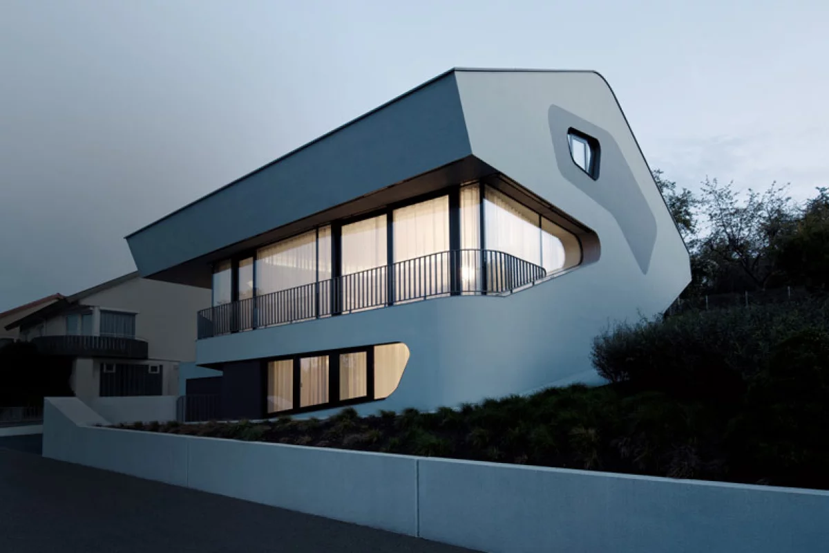 The side exterior view of the OLS House is designed to resemble a dinosaur's head