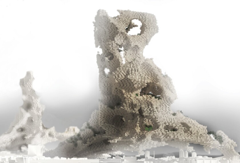 Second place: Darius Maïkoff and Elodie Godo's Phobia Skyscraper is a mesh of prefab units embedded into a structure of recycled industrial material