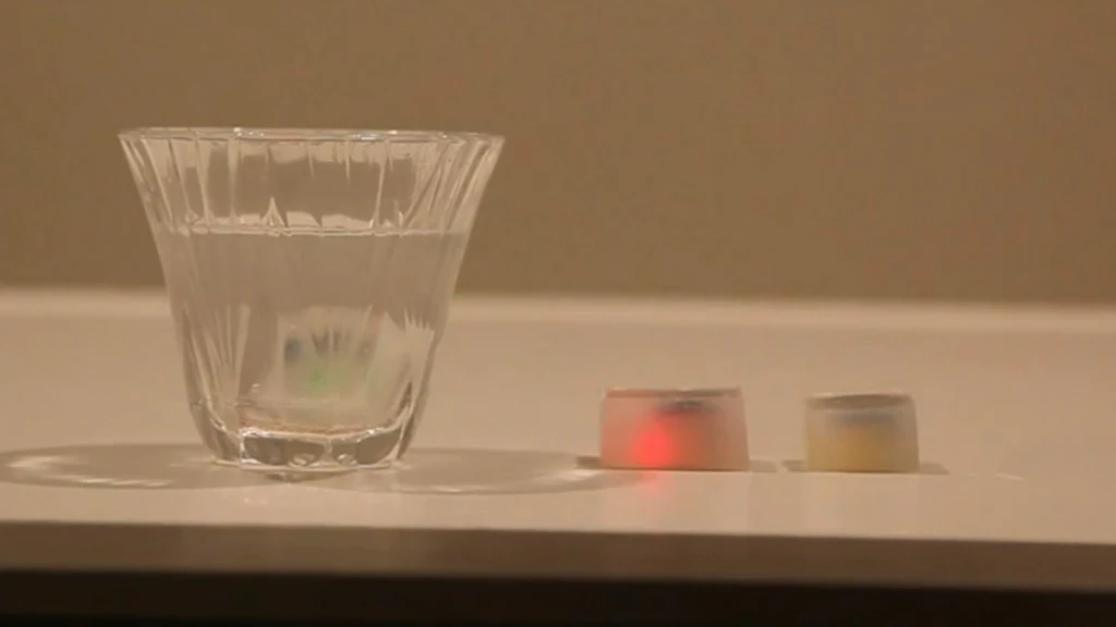 Each cube is comprised of a colored LED, an accelerometer, IR receivers, and a battery, which are molded into an edible, waterproof jelly