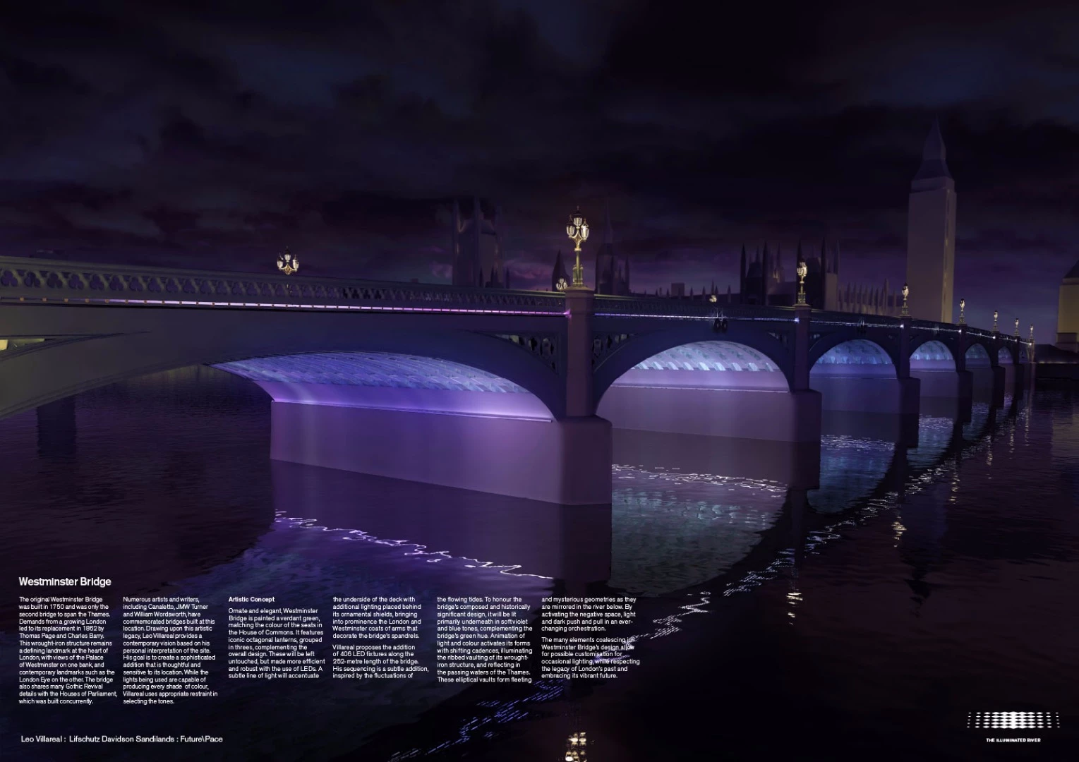 Westminster Bridge will be fitted with 406 LEDs that will be sequenced to change based on the cycle of the tide